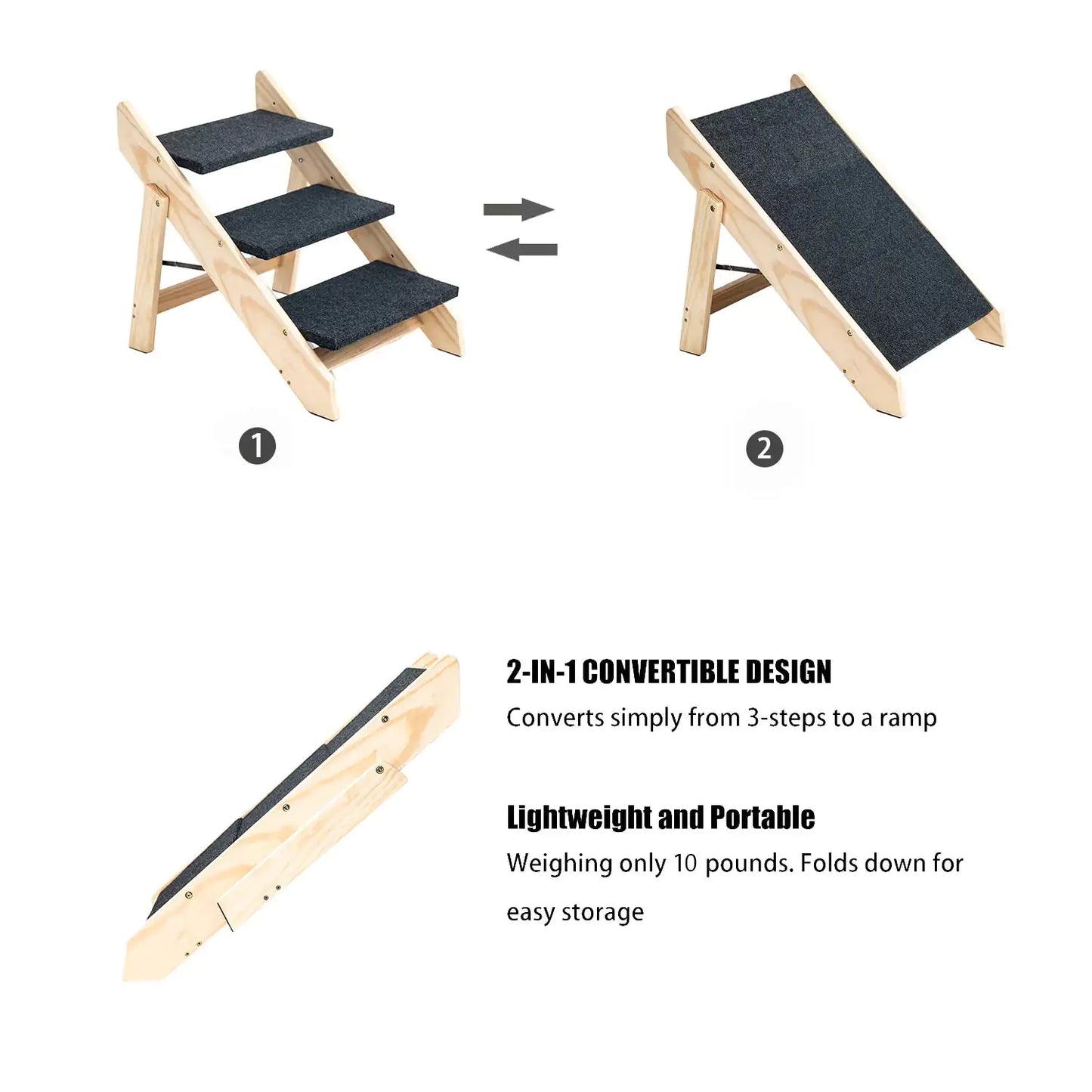 Wood Pet Stairs & Ramp – Foldable 3-Level Access for Pets